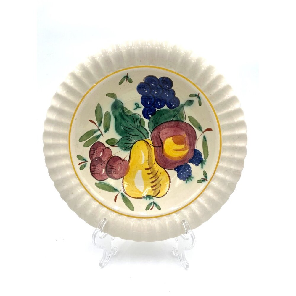 Vintage Red Wing Pottery Hand-Painted Fruit Design Scalloped Edge Bowl 12”